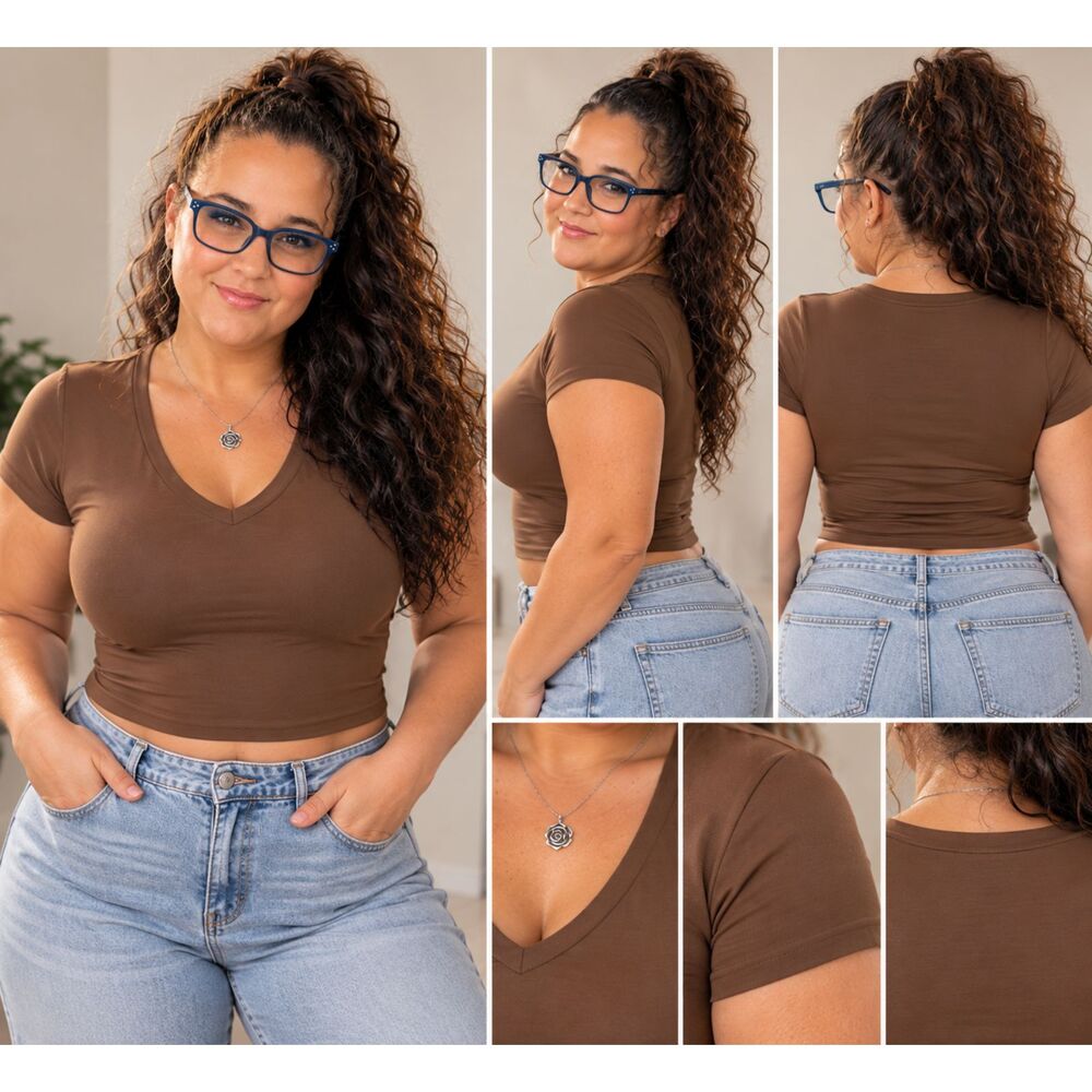 Womens XXL Brown V Neck Crop Top Short Sleeve Slim Fit Basic Casual Tee